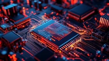 Fototapeta premium Close-up of a central processing unit (CPU) on a circuit board, glowing red and blue.