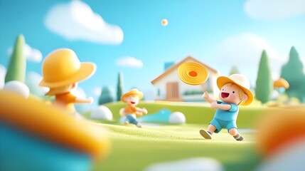 Obraz premium happy kids playing outdoors summer fun - 3d illustrations
