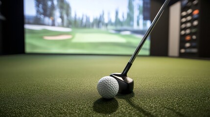Golf club and ball on a green mat, with a golf simulator screen in the background showing a golf course.