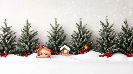 A serene winter scene featuring snow-covered trees, cozy cottages, and decorative elements, evoking a warm holiday atmosphere.