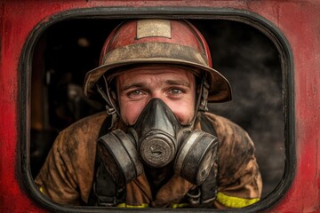 Fototapeta premium Joyful Fireman in Helmet and Gas Mask Posing Beside Fire Engine at Station