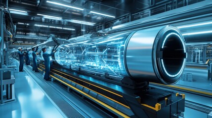 Factory workers inspect a large, futuristic cylindrical object on an assembly line.