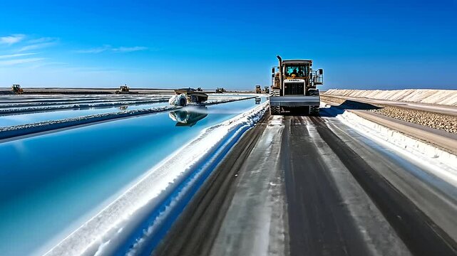 Rows of lithium ponds in varying stages of evaporation, surrounded by pipelines and pumping systems, with heavy equipment moving salt deposits