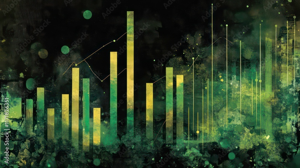 Poster abstract green and yellow bar chart on dark background with watercolor texture.