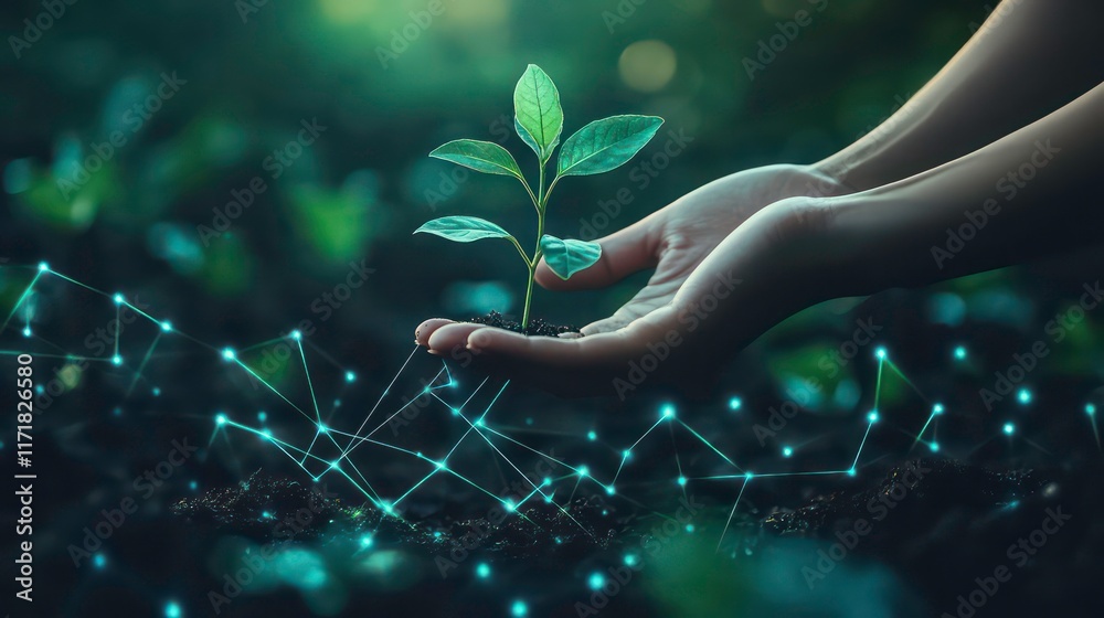 Aufkleber hands gently cradling a young sprout emerging from rich soil, illuminated by a network of glowing li