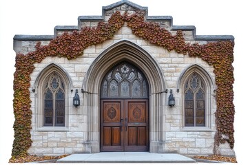 Fototapeta premium Majestic Gothic College Building: Entrance Framed by Ivy and Autumn Hues