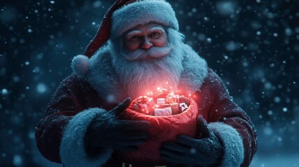 A festive figure resembling Santa Claus holds a bag filled with glowing gifts against a snowy backdrop, evoking a magical holiday spirit.