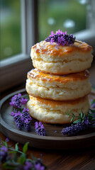 scones decorated with lavenders in a dreamy environment photorealistic Color Grading Photography shot on 50mm lens