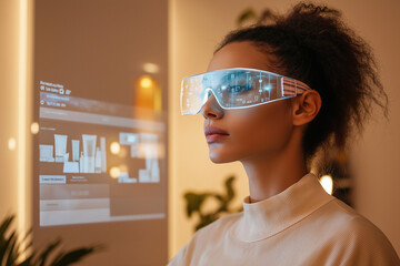 a dark-skinned woman in a minimalist beige room undergoing a virtual consultation with an AI beauty consultant, wearing smart glasses and viewing skin care products