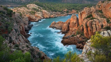 Water rushes through Canyon, surrounded by rich vegetation and rugged rocks in serene setting.