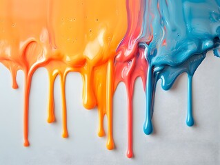 Dripping liquid orange and blue on a white background