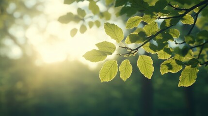 Obraz premium A close-up view of vibrant green leaves illuminated by soft sunlight, creating a serene and tranquil atmosphere in a natural setting.