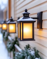 A row of elegant lanterns mounted on a wall, softly glowing in the winter snow, adding warmth and charm to the chilly environment.