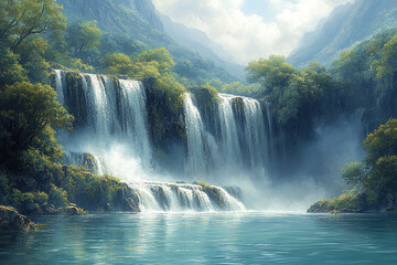 Fototapeta premium Serene Waterfall Cascading Through Lush Mountain Valley