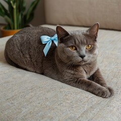 Obraz premium cute british cat with a bow at home