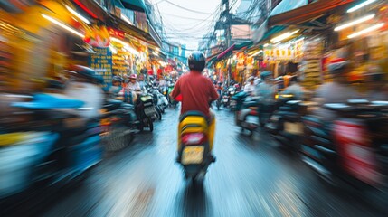 Obraz premium Motion blur photo of a person riding a scooter through a busy Asian street market.