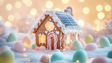 A whimsical gingerbread house adorned with colorful candies and surrounded by pastel eggs, set against a soft, glowing background, evoking a festive and cheerful atmosphere.
