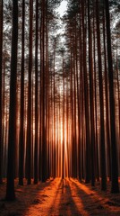 Fototapeta premium A serene forest scene at sunset, with tall trees casting long shadows and golden light filtering through the branches, creating a tranquil and contemplative atmosphere.