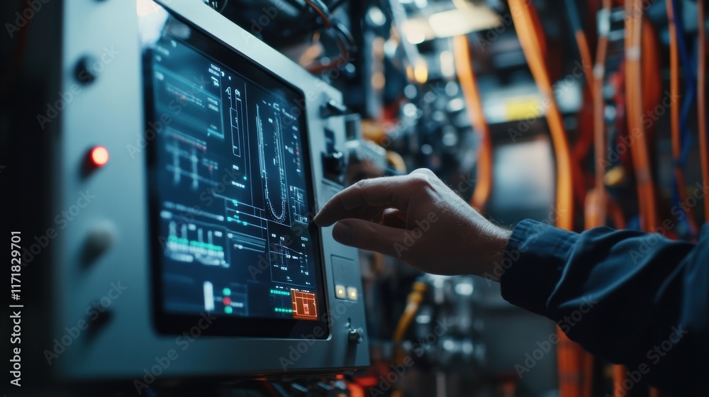 Poster close up of an industrial engineer's hand interacting with a touchscreen control panel, monitoring a