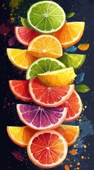 Vibrant Assortment of Freshly Sliced Citrus Fruits Including Lemon Lime Orange and Grapefruit Artfully Arranged on a Dark Background with Splashes of Juice and Copy Space