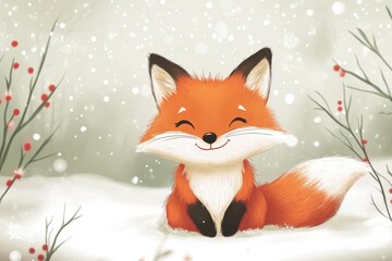 Obraz premium Adorable Winter Fox: A Joyful Red Fox in a Snowy Christmas Scene