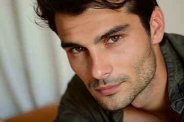 Obraz premium Close up portrait of a handsome male model with brown eyes and dark hair, posing indoors in casual attire