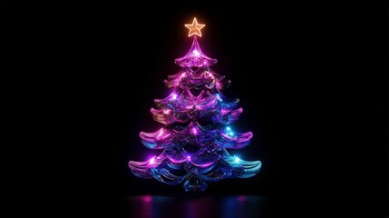 Obraz premium A beautifully illuminated, stylized Christmas tree with a star on top, glowing in purple and blue hues against a dark background, symbolizing holiday spirit and celebration.
