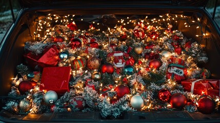 The image shows a car trunk filled with festive decorations, including ornaments, lights, and wrapped gifts, creating a joyful holiday atmosphere.