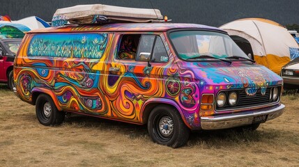 Psychedelically painted vintage van parked in a campground.