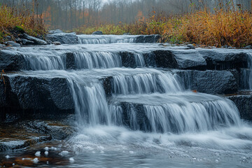 Obraz premium Cascading Water Flows Over Dark Stone Steps