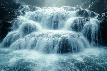 Fototapeta premium Cascading Water Flowing Over Dark Rocks