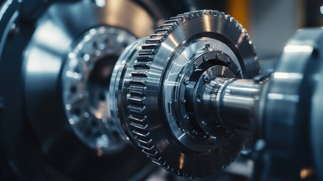 Close up view of a rotating metal gear smoothly connecting to a shaft within complex industrial machinery, showcasing precision engineering and manufacturing processes