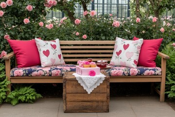 A cozy outdoor seating area adorned with floral cushions, surrounded by blooming roses, featuring a small table set with treats, perfect for relaxation or social gatherings.