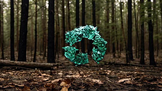 A green recycling symbol is floating in the air above a forest. Concept of environmental awareness and the importance of recycling