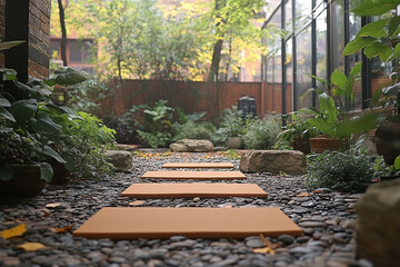 Stone pathway leads through a tranquil garden setting