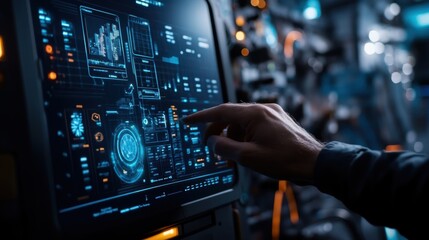 Fototapeta premium Industrial engineer interacting with a futuristic computer interface in a high tech manufacturing plant, monitoring and controlling complex industrial processes