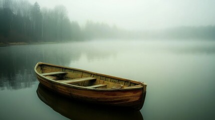 Obraz premium Serene foggy lake with a wooden rowboat.