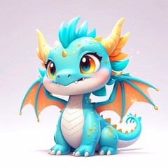 Fototapeta premium Three-dimensional cartoon character of a dragon child, with glitter on the skin, full length, on a white background