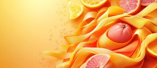 Assorted fresh juicy citrus fruits including oranges lemons and grapefruits arranged in a composition on a bright yellow background with copyspace for text or graphic overlay