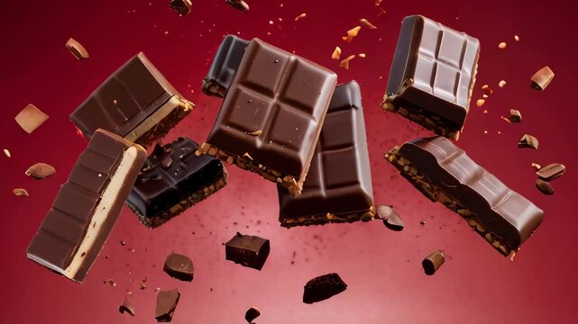 A close up of chocolate bars with chocolate chips scattered around them. Concept of indulgence and enjoyment, as the chocolate bars are broken into pieces and scattered across the red background