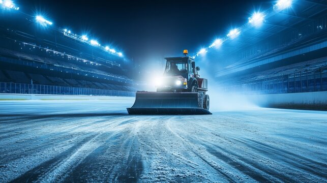Snowplow clearing snow from a stadium track at night.