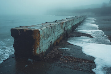 Foggy Coastal Scene with Weathered Concrete Breakwater