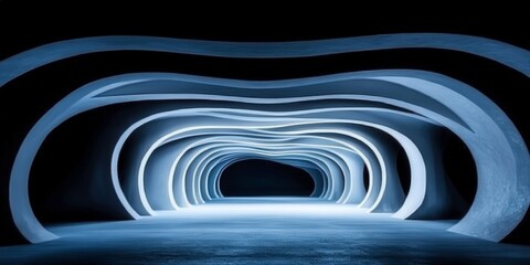 Obraz premium A futuristic, illuminated tunnel with smooth, flowing lines creates an ethereal atmosphere, suggesting a pathway or entrance to another dimension.