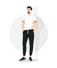 Vector illustration. A young man in a white t-shirt with dark inserts and black pants. Dynamics and modernity.
