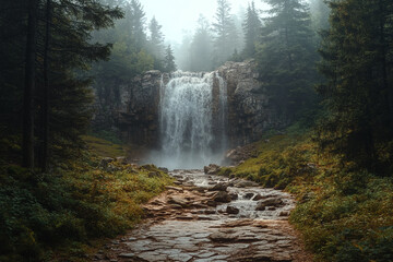 Majestic Waterfall Cascading Through Misty Forest Landscape