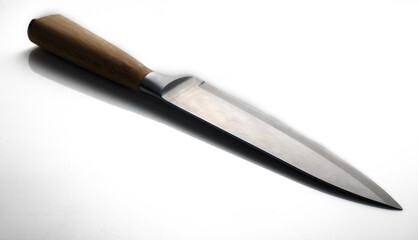 Elegant kitchen knife resting on a reflective surface, showcasing its sharp blade and wooden handle