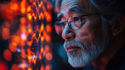 A pensive senior man with a grey beard and glasses looks thoughtfully through a window with a blurred background of lights.