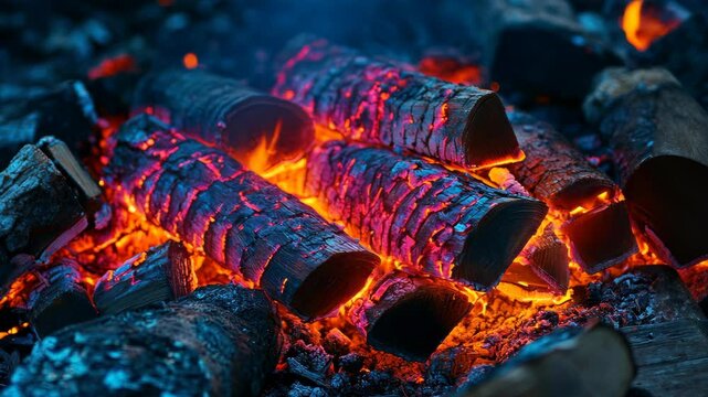 Brightly glowing logs of charcoal heating up in a campfire during night time outdoors