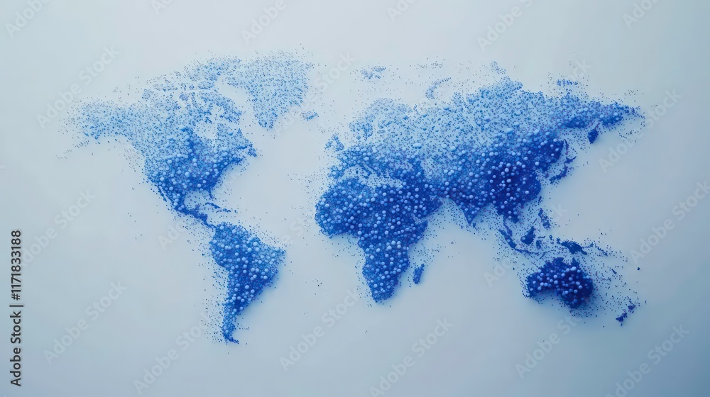 Poster Abstract world map formed by small blue particles on light background.