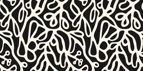 Vector abstract seamless pattern with organic shapes, botanical elements, cellular structures, liquid lines. Simple monochrome background. Black and white ornament texture in boho style. Repeat design